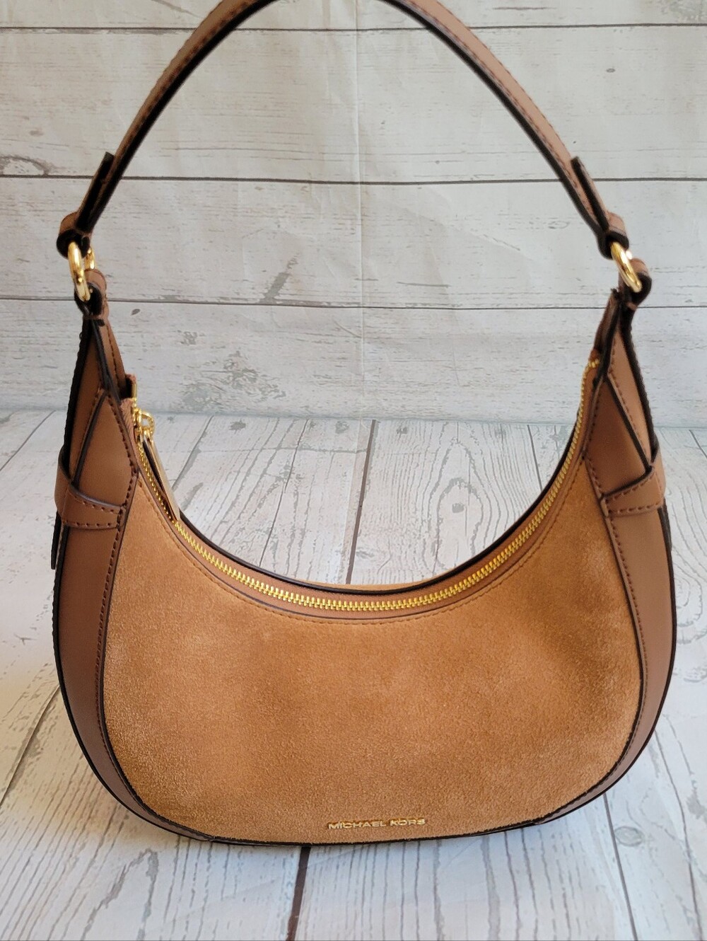 Michael Kors Tan Preston Suede and Leather Crescent Shoulder Bag - Picture 5 of 9
